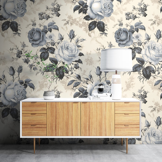 Removable Wallpaper, Gray Floral Flower - Peel & Stick, Reusable, Self Adhesive, 26" Panels, Easy Install, Seamless