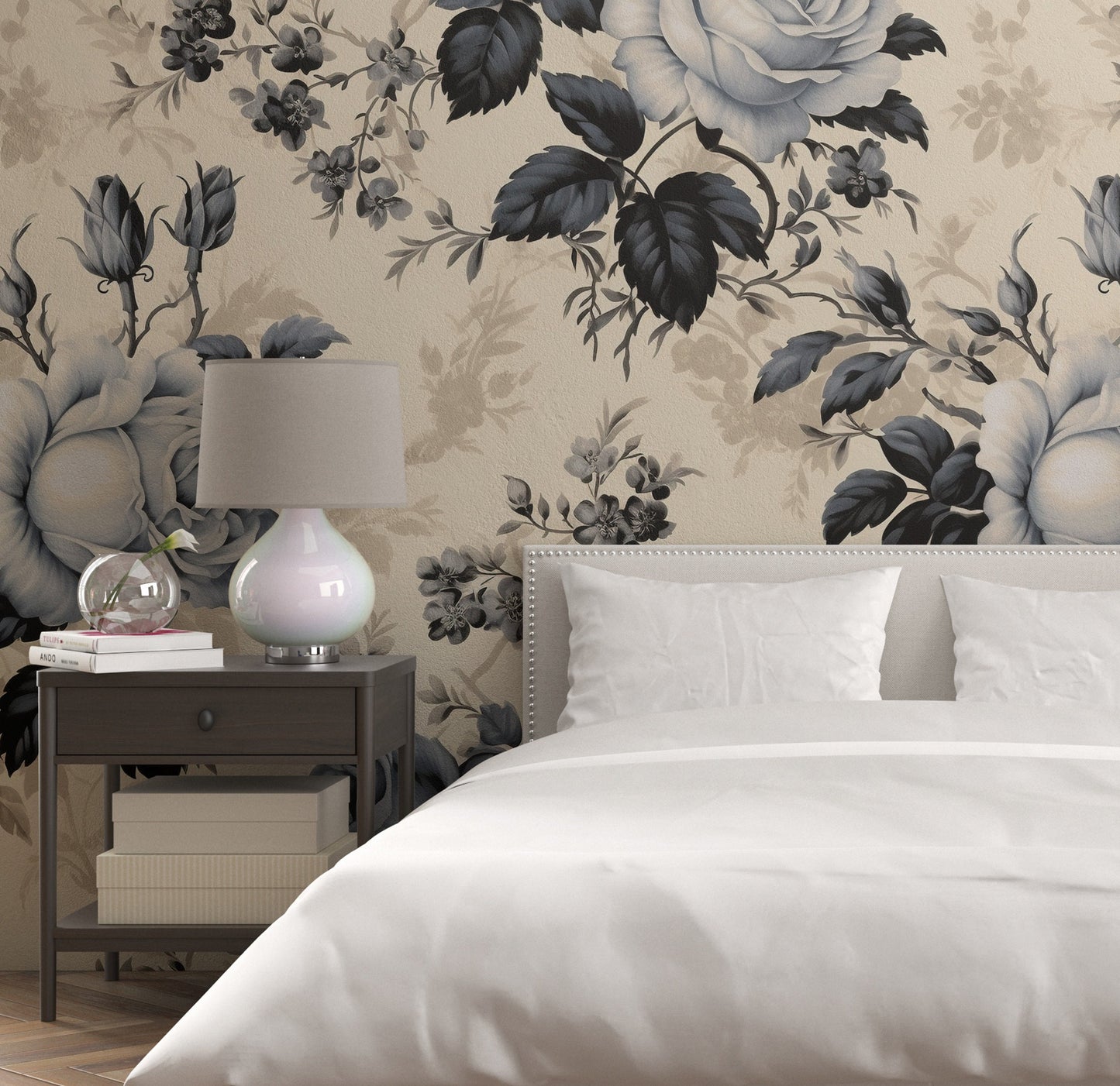 Removable Wallpaper, Gray Floral Flower - Peel & Stick, Reusable, Self Adhesive, 26" Panels, Easy Install, Seamless