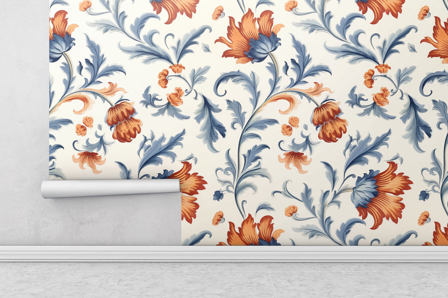 Removable Wallpaper, Cute Orange Floral Flower - Peel & Stick, Reusable, Self Adhesive, 26" Panels, Easy Install, Seamless