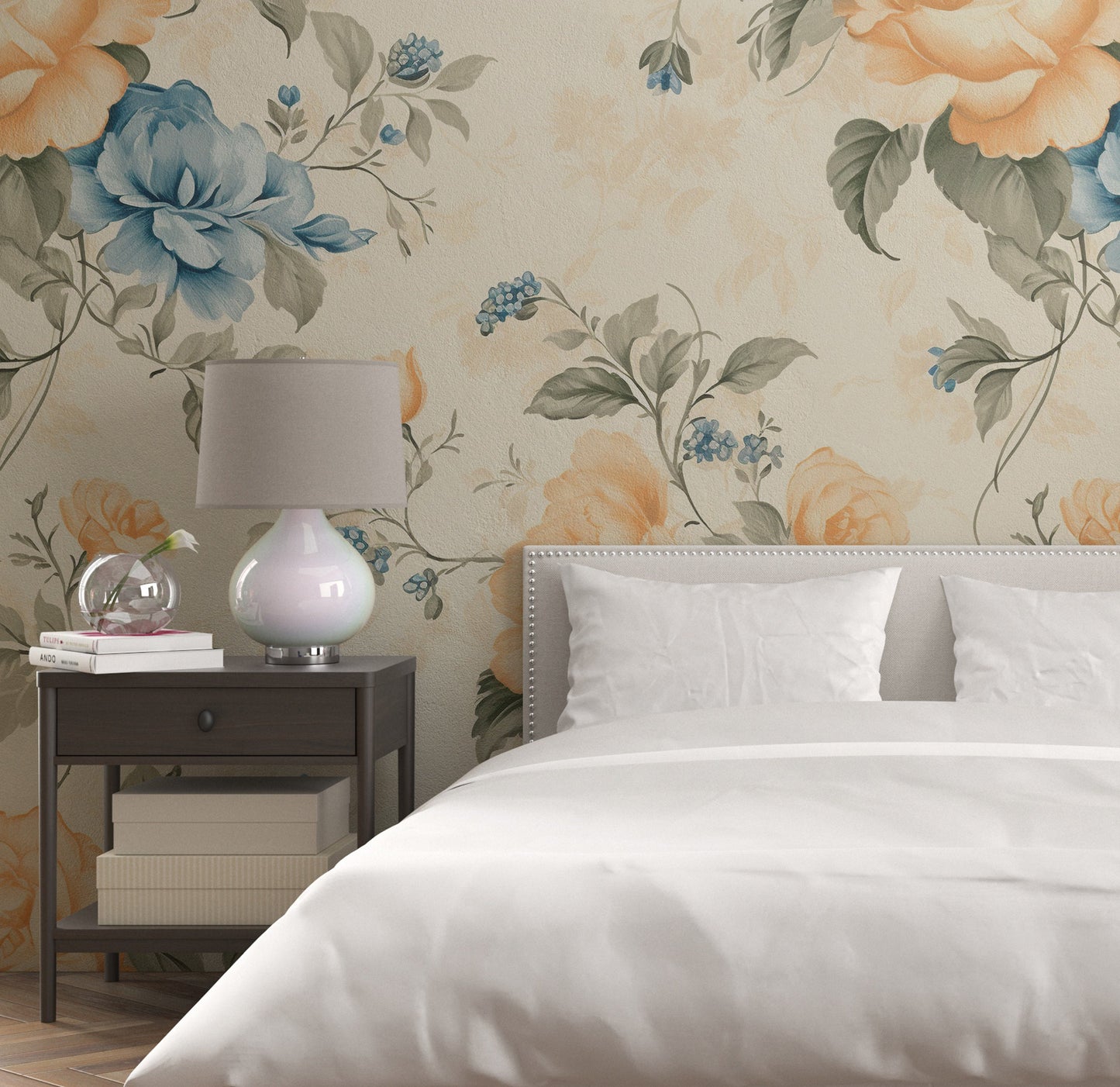 Removable Wallpaper, Orange Floral Flower - Peel & Stick, Reusable, Self Adhesive, 26" Panels, Easy Install, Seamless