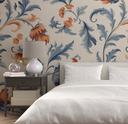 Removable Wallpaper, Cute Orange Floral Flower - Peel & Stick, Reusable, Self Adhesive, 26" Panels, Easy Install, Seamless