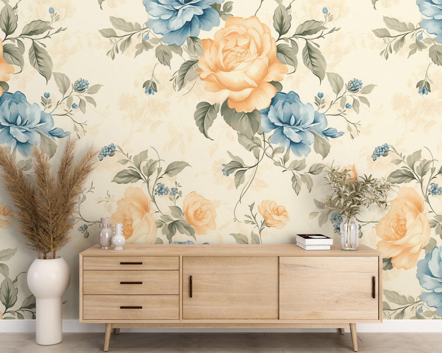 Removable Wallpaper, Orange Floral Flower - Peel & Stick, Reusable, Self Adhesive, 26" Panels, Easy Install, Seamless