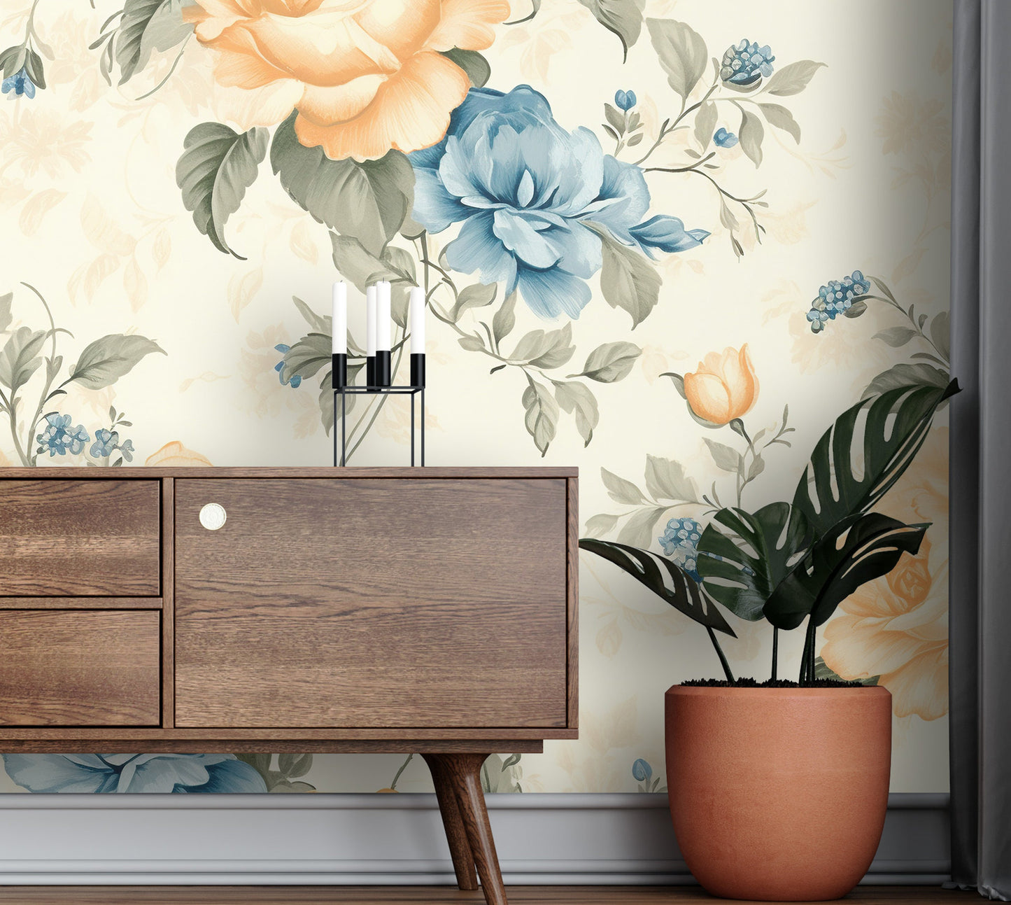 Removable Wallpaper, Orange Floral Flower - Peel & Stick, Reusable, Self Adhesive, 26" Panels, Easy Install, Seamless