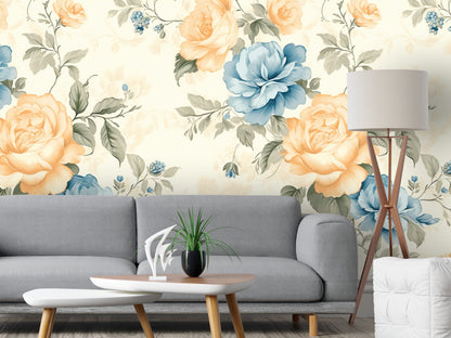 Removable Wallpaper, Orange Floral Flower - Peel & Stick, Reusable, Self Adhesive, 26" Panels, Easy Install, Seamless