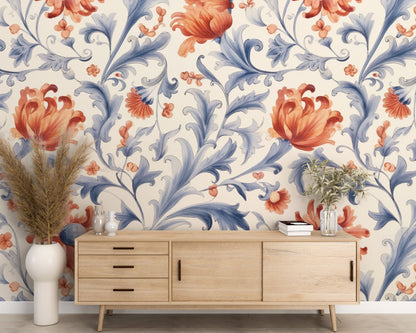 Removable Wallpaper, Beautiful Orange Floral Flower - Peel & Stick, Reusable, Self Adhesive, 26" Panels, Easy Install, Seamless