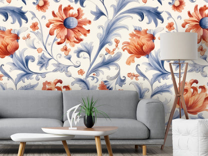 Removable Wallpaper, Beautiful Orange Floral Flower - Peel & Stick, Reusable, Self Adhesive, 26" Panels, Easy Install, Seamless