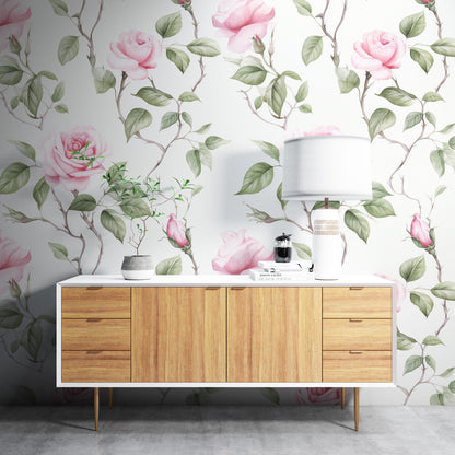 Removable Wallpaper, Floral Pink Flower Design - Peel & Stick, Reusable, Self Adhesive, 26" Panels, Easy Install, Seamless