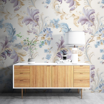 Removable Wallpaper, Purple and Blue Floral - Peel & Stick, Reusable, Self Adhesive, 26" Panels, Easy Install, Seamless