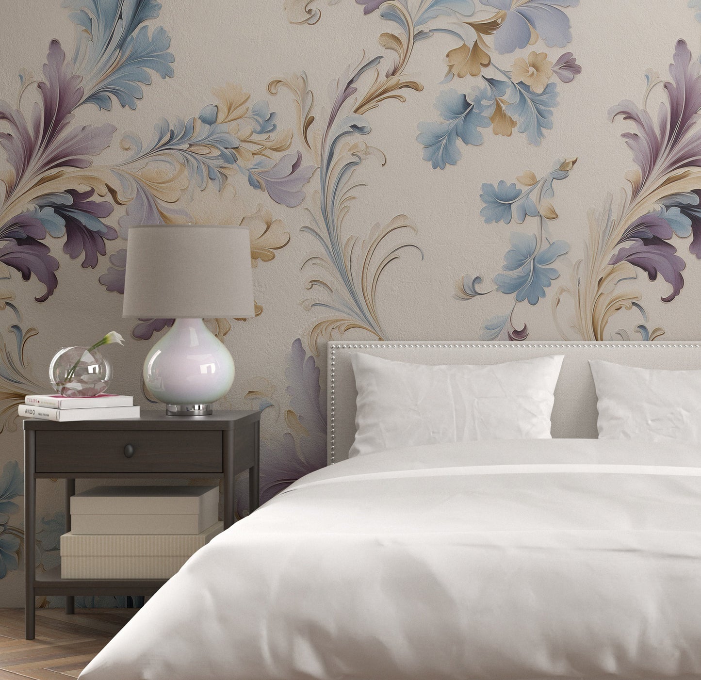 Removable Wallpaper, Purple and Blue Floral - Peel & Stick, Reusable, Self Adhesive, 26" Panels, Easy Install, Seamless