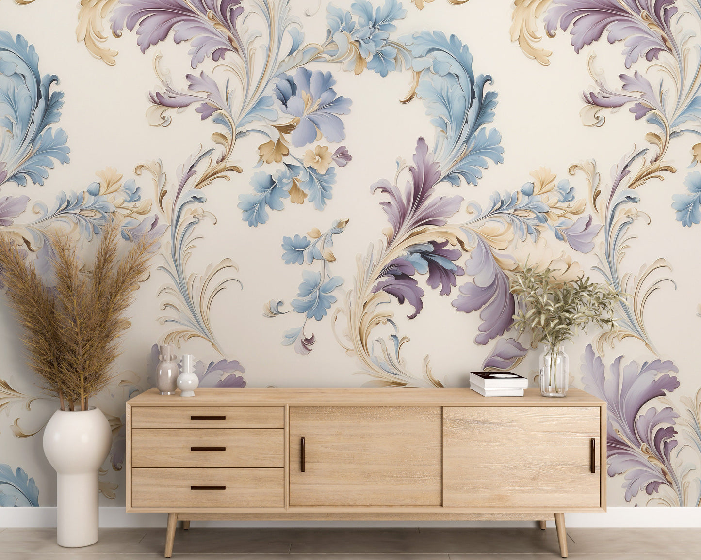 Removable Wallpaper, Purple and Blue Floral - Peel & Stick, Reusable, Self Adhesive, 26" Panels, Easy Install, Seamless