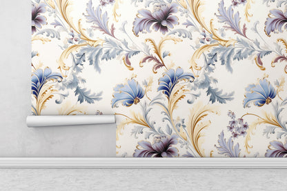 Removable Wallpaper, Blue and Purple Floral - Peel & Stick, Reusable, Self Adhesive, 26" Panels, Easy Install, Seamless