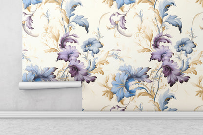 Removable Wallpaper, Yellow and Purple Floral - Peel & Stick, Reusable, Self Adhesive, 26" Panels, Easy Install, Seamless