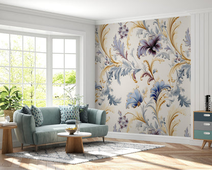 Removable Wallpaper, Blue and Purple Floral - Peel & Stick, Reusable, Self Adhesive, 26" Panels, Easy Install, Seamless