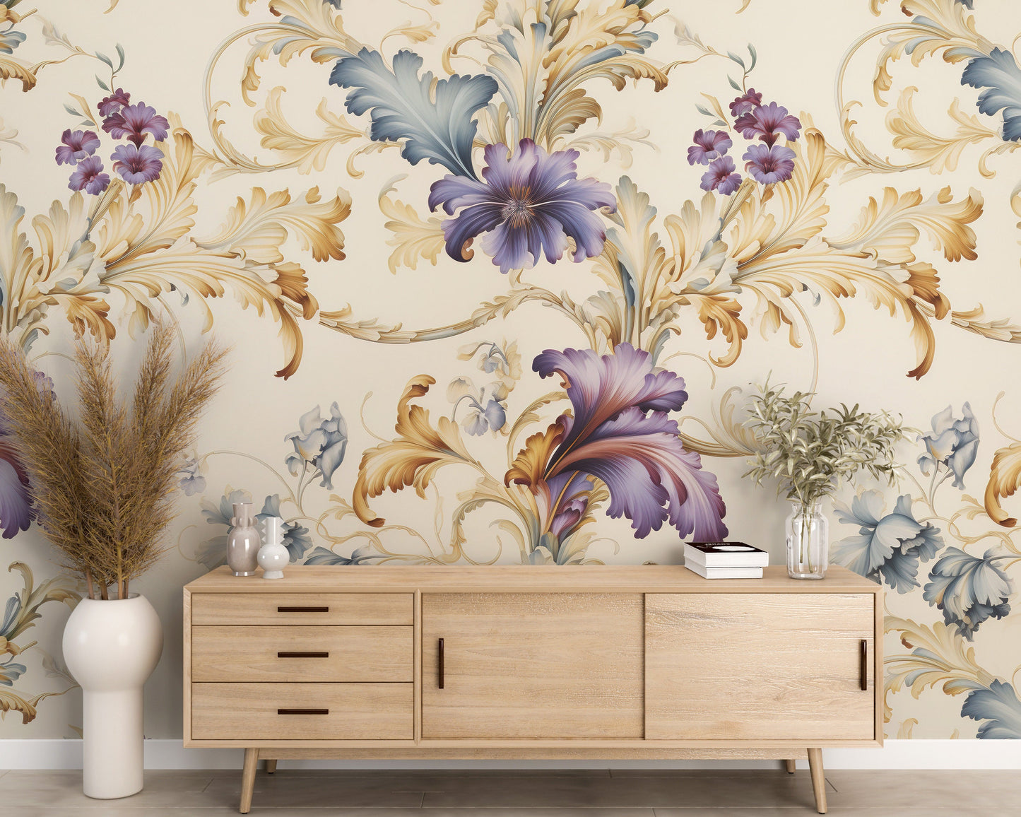 Removable Wallpaper, Purple and Yellow Floral - Peel & Stick, Reusable, Self Adhesive, 26" Panels, Easy Install, Seamless