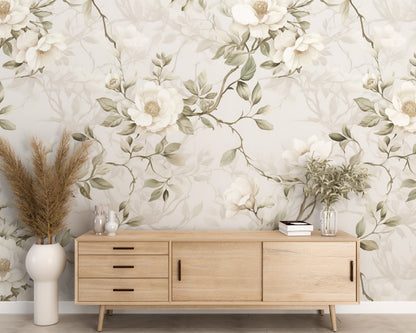 Removable Wallpaper, White Floral Flowers Design - Peel & Stick, Reusable, Self Adhesive, 26" Panels, Easy Install, Seamless