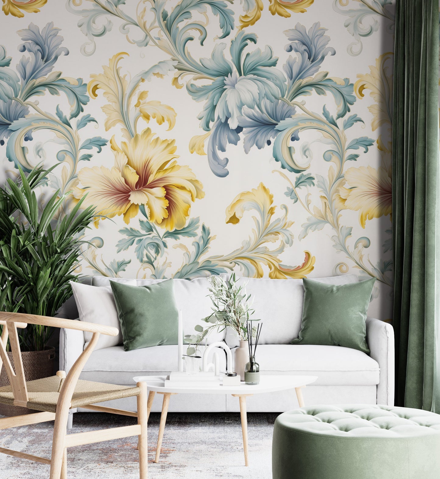 Removable Wallpaper, Yellow and Green Floral - Peel & Stick, Reusable, Self Adhesive, 26" Panels, Easy Install, Seamless