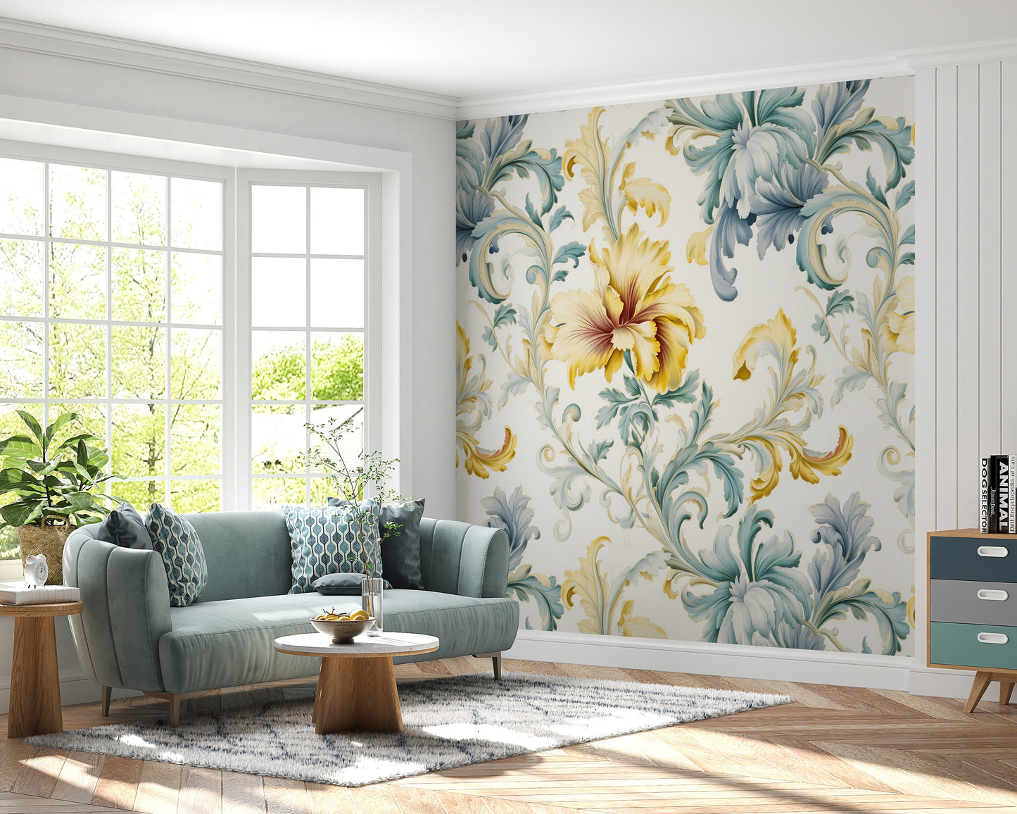 Removable Wallpaper, Yellow and Green Floral - Peel & Stick, Reusable, Self Adhesive, 26" Panels, Easy Install, Seamless