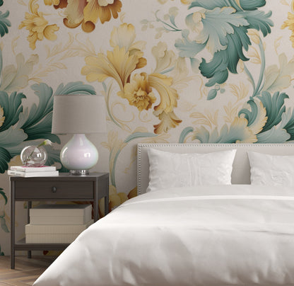 Removable Wallpaper, Green and Yellow Floral - Peel & Stick, Reusable, Self Adhesive, 26" Panels, Easy Install, Seamless