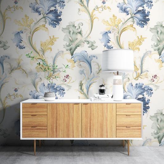 Removable Wallpaper, Yellow and Blue Floral - Peel & Stick, Reusable, Self Adhesive, 26" Panels, Easy Install, Seamless