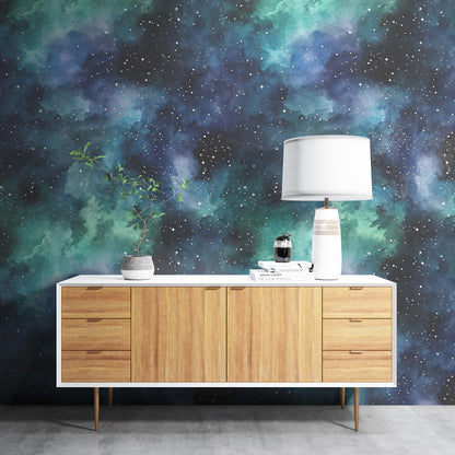 Removable Wallpaper, Green and Blue Galaxy Sky Design - Peel & Stick, Reusable, Self Adhesive, 26" Panels, Easy Install, Seamless Home Decor