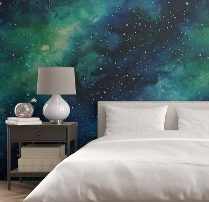 Removable Wallpaper, Blue and Green Galaxy Design - Peel & Stick, Reusable, Self Adhesive, 26" Panels, Easy Install, Seamless