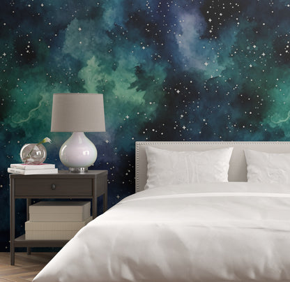 Removable Wallpaper, Green and Blue Galaxy Sky Design - Peel & Stick, Reusable, Self Adhesive, 26" Panels, Easy Install, Seamless Home Decor