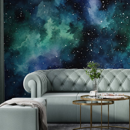 Removable Wallpaper, Green and Blue Galaxy Sky Design - Peel & Stick, Reusable, Self Adhesive, 26" Panels, Easy Install, Seamless Home Decor