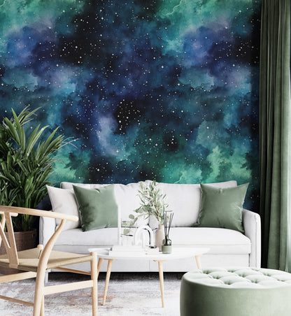 Removable Wallpaper, Green and Blue Galaxy Sky Design - Peel & Stick, Reusable, Self Adhesive, 26" Panels, Easy Install, Seamless Home Decor