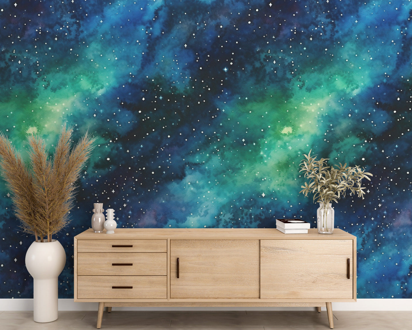 Removable Wallpaper, Blue and Green Galaxy Design - Peel & Stick, Reusable, Self Adhesive, 26" Panels, Easy Install, Seamless