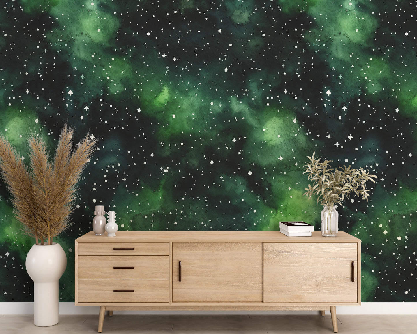 Removable Wallpaper, Black and Green Galaxy Design - Peel & Stick, Reusable, Self Adhesive, 26" Panels, Easy Install, Seamless