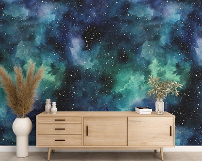 Removable Wallpaper, Green and Blue Galaxy Sky Design - Peel & Stick, Reusable, Self Adhesive, 26" Panels, Easy Install, Seamless Home Decor