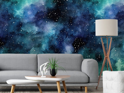 Removable Wallpaper, Green and Blue Galaxy Sky Design - Peel & Stick, Reusable, Self Adhesive, 26" Panels, Easy Install, Seamless Home Decor