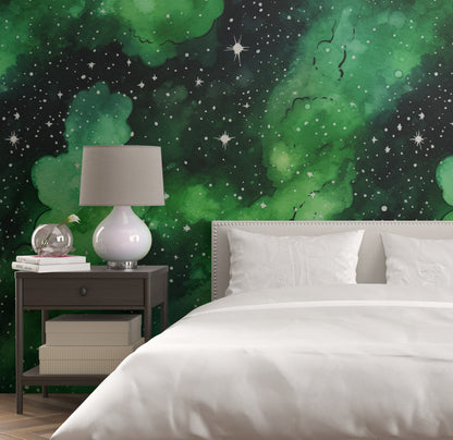 Removable Wallpaper, Green and Black Galaxy Design - Peel & Stick, Reusable, Self Adhesive, 26" Panels, Easy Install, Seamless