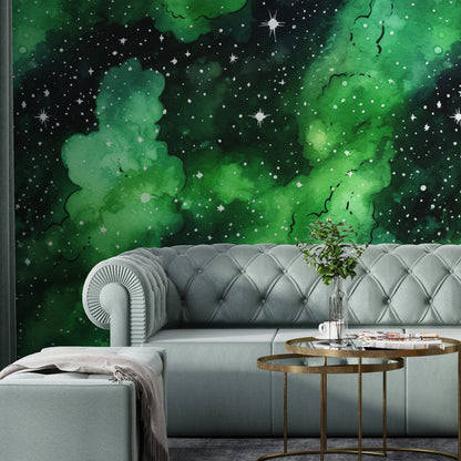 Removable Wallpaper, Green and Black Galaxy Design - Peel & Stick, Reusable, Self Adhesive, 26" Panels, Easy Install, Seamless