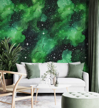 Removable Wallpaper, Green and Black Galaxy Design - Peel & Stick, Reusable, Self Adhesive, 26" Panels, Easy Install, Seamless