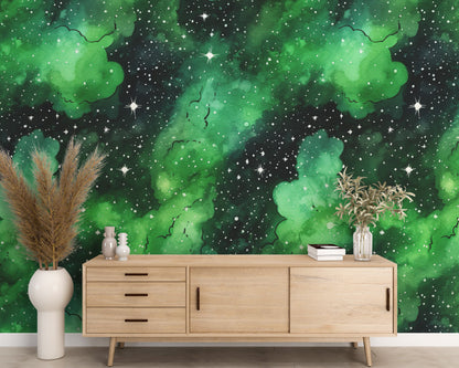 Removable Wallpaper, Green and Black Galaxy Design - Peel & Stick, Reusable, Self Adhesive, 26" Panels, Easy Install, Seamless