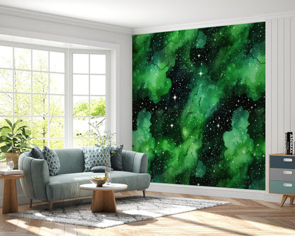 Removable Wallpaper, Green and Black Galaxy Design - Peel & Stick, Reusable, Self Adhesive, 26" Panels, Easy Install, Seamless