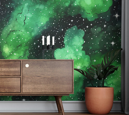 Removable Wallpaper, Green and Black Galaxy Design - Peel & Stick, Reusable, Self Adhesive, 26" Panels, Easy Install, Seamless