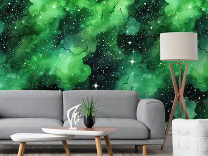 Removable Wallpaper, Green and Black Galaxy Design - Peel & Stick, Reusable, Self Adhesive, 26" Panels, Easy Install, Seamless