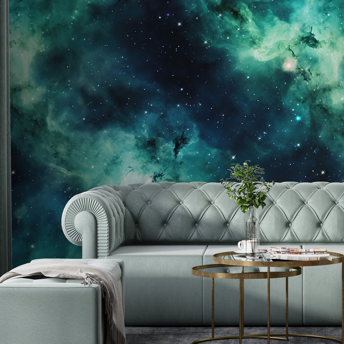 Removable Wallpaper, Green and Blue Beautiful Galaxy Design - Peel & Stick, Reusable, Self Adhesive, 26" Panels, Easy Install, Seamless