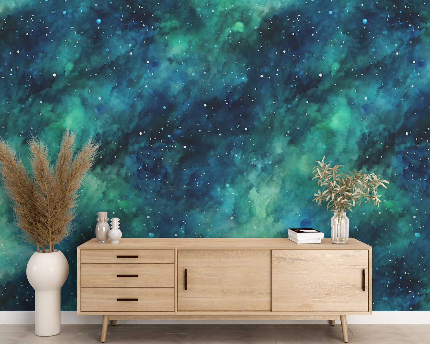 Removable Wallpaper, Blue and Green Beautiful Galaxy Design - Peel & Stick, Reusable, Self Adhesive, 26" Panels, Easy Install, Seamless