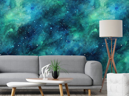 Removable Wallpaper, Blue and Green Beautiful Galaxy Design - Peel & Stick, Reusable, Self Adhesive, 26" Panels, Easy Install, Seamless