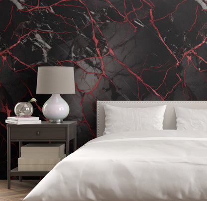 Removable Wallpaper, Black and Red Marble - Peel & Stick, Reusable, Self Adhesive, 26" Panels, Easy Install, Seamless