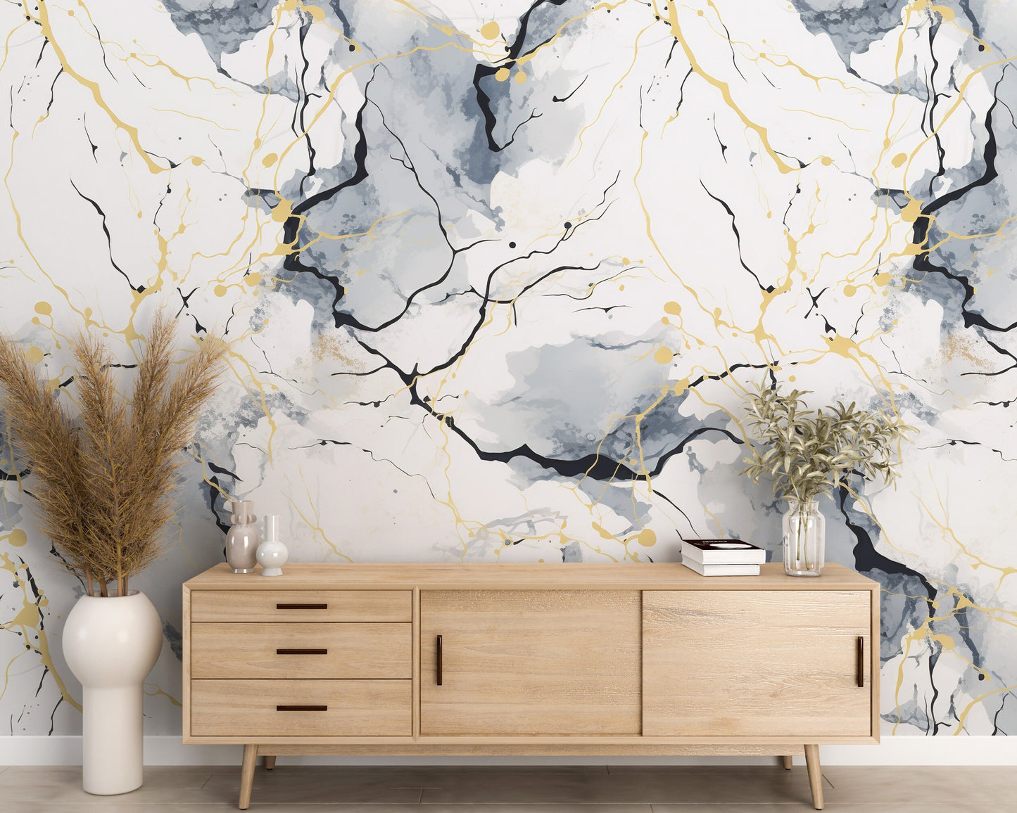 Removable Wallpaper, Gray Blue, Black and Gold Marble - Peel & Stick, Reusable, Self Adhesive, 26" Panels, Easy Install, Home Decor Seamless