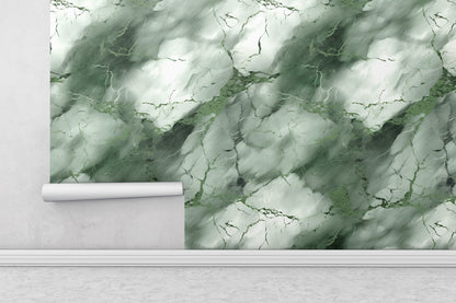 Removable Wallpaper, Dark Green and White Marble - Peel & Stick, Reusable, Self Adhesive, 26" Panels, Easy Install, Seamless