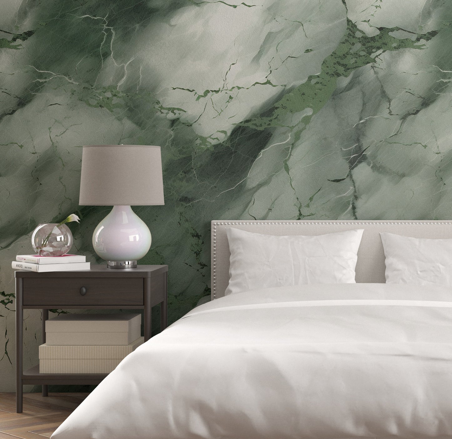 Removable Wallpaper, Dark Green and White Marble - Peel & Stick, Reusable, Self Adhesive, 26" Panels, Easy Install, Seamless