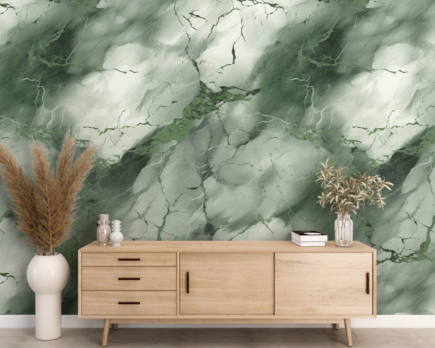 Removable Wallpaper, Dark Green and White Marble - Peel & Stick, Reusable, Self Adhesive, 26" Panels, Easy Install, Seamless