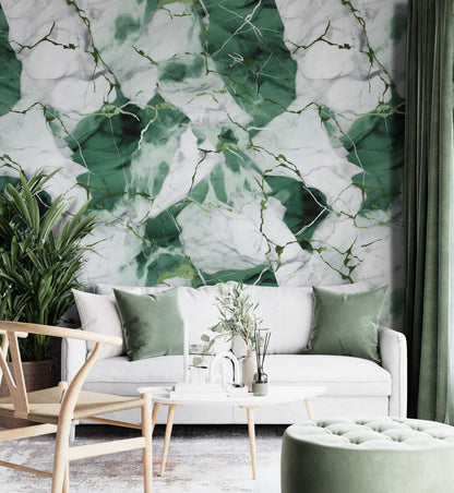 Removable Wallpaper, White and Green Beautiful Marble Design - Peel & Stick, Reusable, Self Adhesive, 26" Panels, Easy Install, Seamless