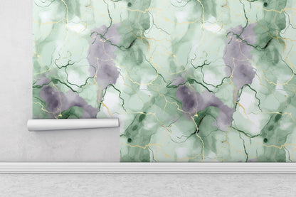 Removable Wallpaper, Green and Gray Marble - Peel & Stick, Reusable, Self Adhesive, 26" Panels, Easy Install, Seamless