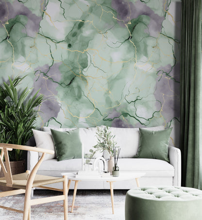 Removable Wallpaper, Green and Gray Marble - Peel & Stick, Reusable, Self Adhesive, 26" Panels, Easy Install, Seamless